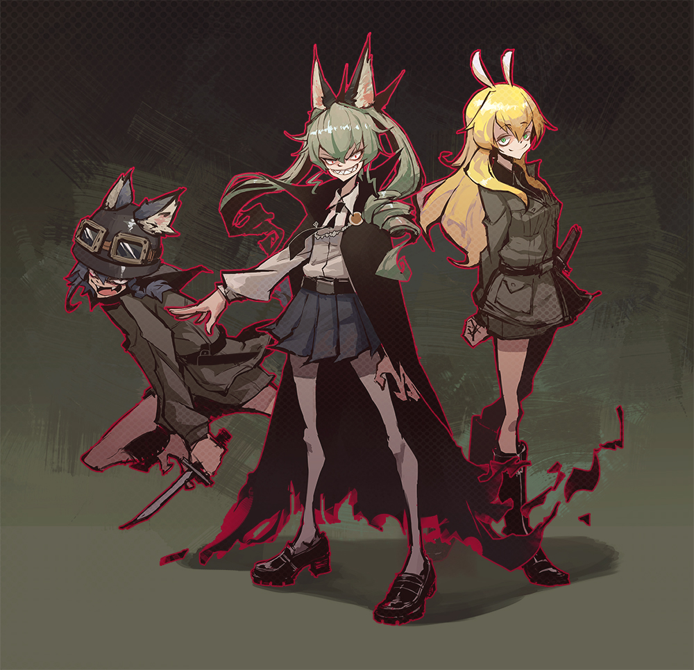 3girls anchovy animal_ears bangs belt black_hair black_shirt black_shoes black_skirt blonde_hair boots cape carpaccio crazy_smile die_(die0118) dress_shirt drill_hair fangs full_body girls_und_panzer goggles goggles_on_helmet green_hair grey_jacket grey_skirt grin helmet holding holding_weapon kemonomimi_mode knife loafers long_hair long_sleeves looking_at_viewer military military_uniform miniskirt multiple_girls pantyhose pencil_skirt pepperoni_(girls_und_panzer) pleated_skirt school_uniform sharp_teeth shirt shoes skirt smile standing teeth twin_drills twintails uniform weapon white_legwear white_shirt