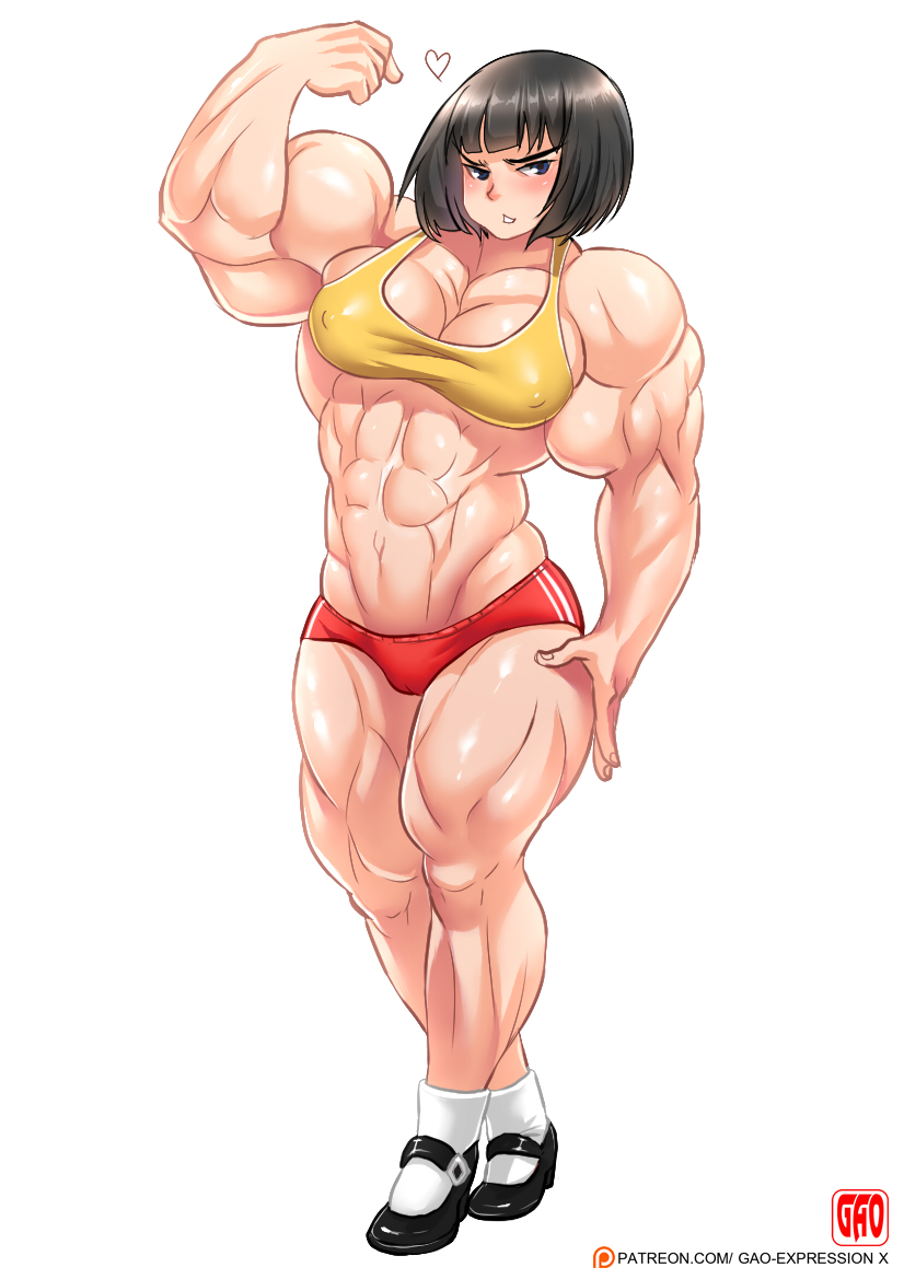 1girl abs biceps black_hair blue_eyes extreme_muscles female flexing gao-lukchup muscle posing solo