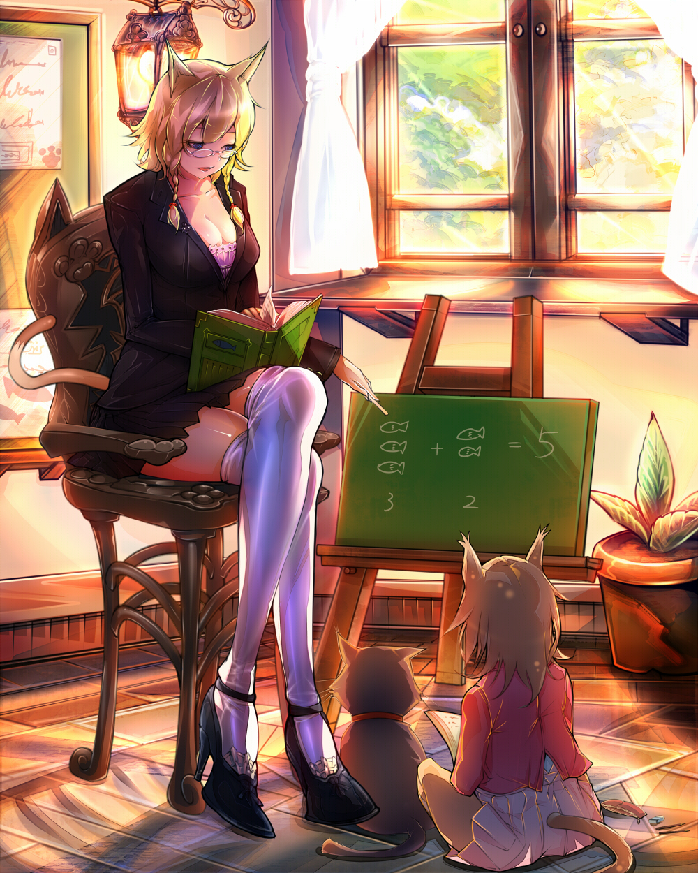 2girls age_difference animal_ears black_shoes black_skirt blazer blonde_hair blue_eyes book braid breasts cat cat_ears cat_girl cat_tail chair chalk chalkboard child cleavage curtains easel hair_over_shoulder high_heels highres indoors jacket lamp legs_crossed long_sleeves looking_at_another masayoshi miniskirt multiple_girls on_floor open_book open_mouth original over-kneehighs paw_print plant potted_plant reading scenery shoes short_hair sitting skirt skirt_set sunlight tail teacher teacher_and_student teaching thigh-highs twin_braids white_legwear window zettai_ryouiki