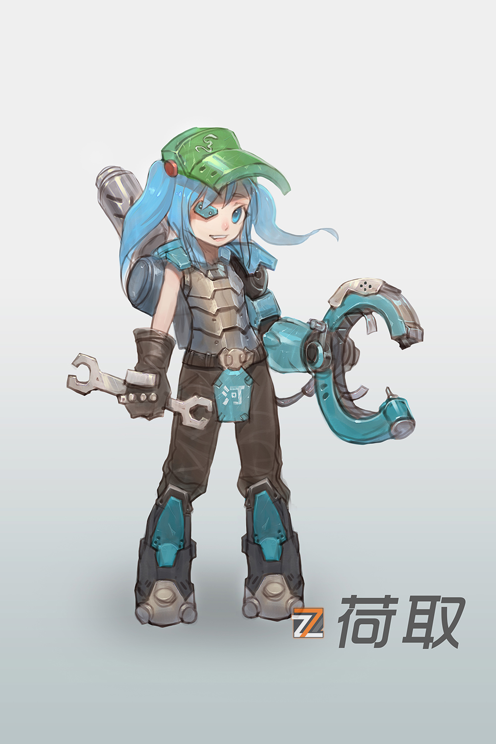 armor blizzard_(company) blue_eyes blue_hair crossover eyepatch gloves hair_bobbles hair_ornament hat highres kawashiro_nitori long_hair mechanical_arm multiple_girls overwatch short_hair torbjorn_(overwatch) touhou twintails two_side_up zhengyifan7