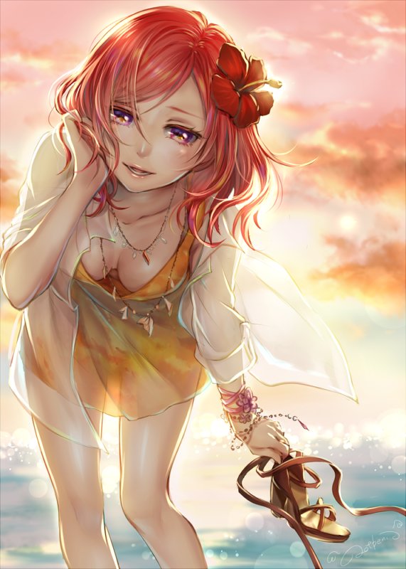 1girl :d adjusting_hair backlighting bangs blush bracelet breasts cleavage clouds collarbone downblouse dress flower footwear_removed hair_flower hair_ornament holding holding_shoes jewelry leaning_forward lips lma looking_at_viewer love_live! love_live!_school_idol_project medium_breasts necklace nishikino_maki ocean open_mouth parted_bangs redhead see-through short_hair smile solo sunrise transparent violet_eyes water wavy_hair