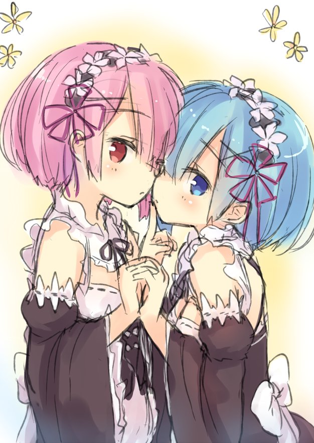 2girls bangs black_ribbon blue_eyes blue_hair bow breasts detached_sleeves finger_to_mouth flower from_side gradient gradient_background hair_ornament hair_over_one_eye hand_holding looking_at_viewer maid maid_headdress medium_breasts mokoke multicolored_background multiple_girls neck_ribbon pink_hair profile ram_(re:zero) re:zero_kara_hajimeru_isekai_seikatsu red_eyes rem_(re:zero) ribbon ribbon-trimmed_clothes ribbon_trim short_hair siblings sisters twins upper_body white_bow wide_sleeves x_hair_ornament