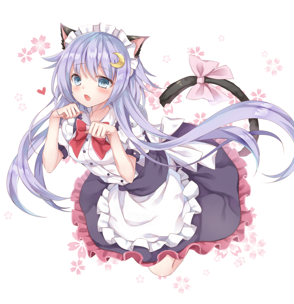 1girl :o alternate_costume animal_ears apron blue_eyes blush bow bowtie cat_ears cat_tail crescent crescent_hair_ornament dress enmaided erika_(ym0311) eyebrows eyebrows_visible_through_hair fang frilled_dress frills hair_ornament heart kantai_collection kemonomimi_mode long_hair looking_at_viewer maid maid_headdress md5_mismatch open_mouth paw_pose purple_hair short_hair_with_long_locks short_sleeves solo tail tail_bow very_long_hair waist_apron white_apron yayoi_(kantai_collection)
