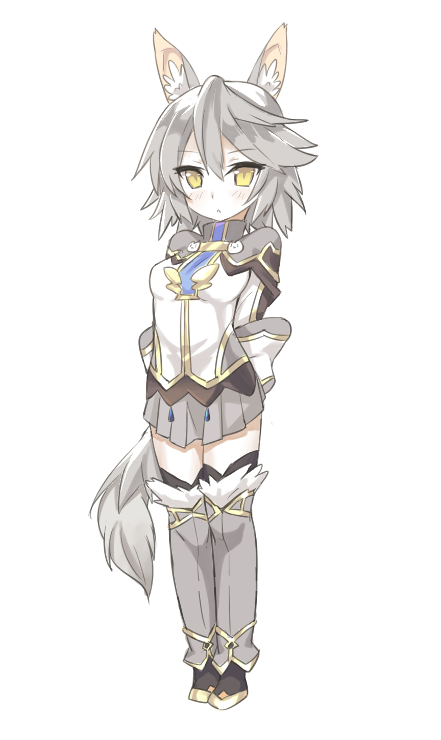 1girl :&lt; animal_ears boots female full_body gloves highres lo_xueming pop-up_story rita_drake short_hair silver_hair simple_background skirt solo tail thigh-highs thigh_boots white_background wolf_ears wolf_tail yellow_eyes