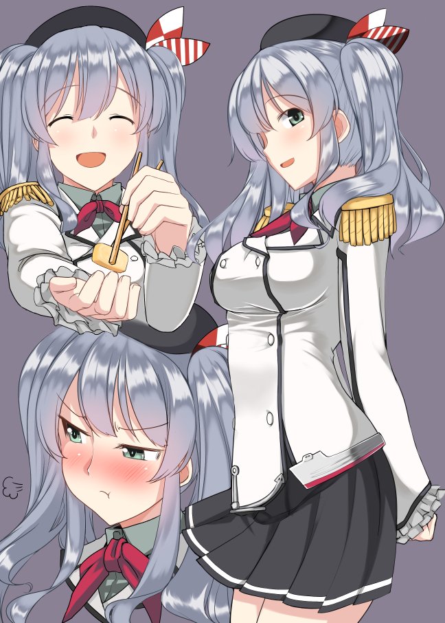 1girl ^_^ ^o^ beret black_skirt blue_eyes blush breasts chopsticks closed_eyes commentary_request epaulettes eyebrows eyebrows_visible_through_hair gloves hat iwanori kantai_collection kashima_(kantai_collection) kerchief long_sleeves looking_at_viewer medium_breasts miniskirt open_mouth pleated_skirt silver_hair simple_background skirt solo standing twintails white_gloves