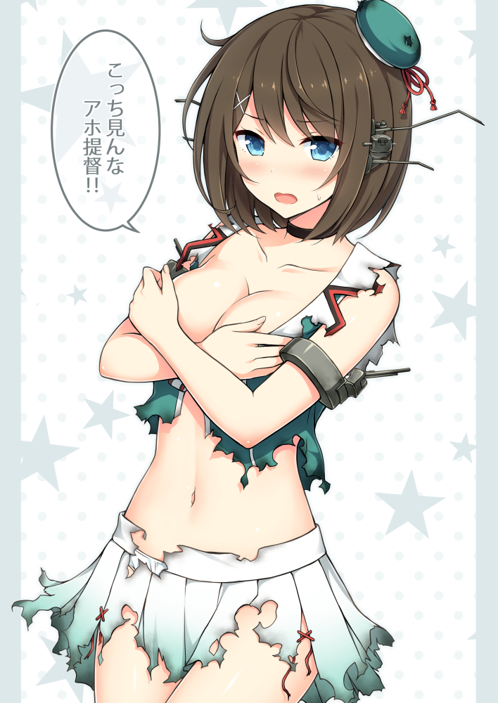1girl blue_eyes blush breasts brown_hair choker cleavage collarbone covering covering_breasts cowboy_shot hair_ornament hairclip hat headgear kantai_collection looking_at_viewer maya_(kantai_collection) medium_breasts midriff nakamura_sumikage navel open_mouth pleated_skirt remodel_(kantai_collection) short_hair skirt sleeveless solo sweat torn_clothes torn_skirt translation_request x_hair_ornament