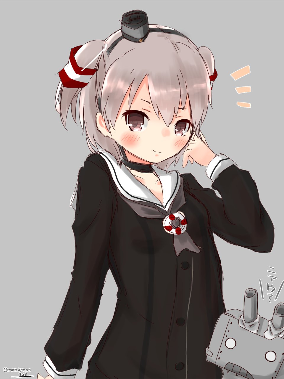 1girl alternate_hair_length alternate_hairstyle amatsukaze_(kantai_collection) brown_eyes commentary_request dress grey_background grey_hair hair_tubes hand_in_hair highres kantai_collection light_smile looking_at_viewer momiji_(103) rensouhou-kun sailor_dress short_hair translation_request twitter_username windsock