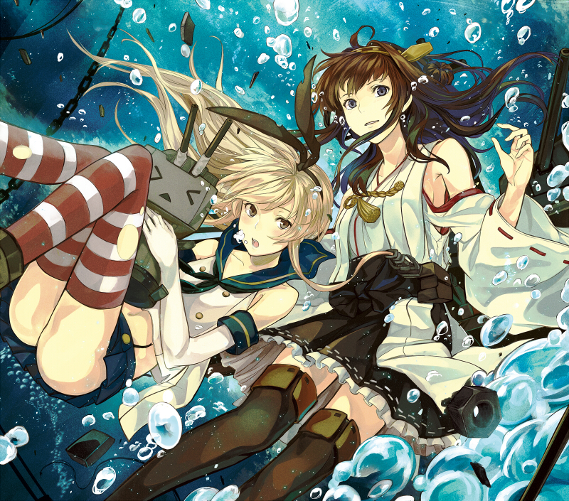2girls ahoge air_bubble armpits bare_shoulders bent_knees black_eyes black_legwear black_panties blonde_hair blush boots brown_hair bubble chains crop_top detached_sleeves double_bun elbow_gloves gloves grey_eyes hairband headgear highleg highleg_panties japanese_clothes kantai_collection kazabana_fuuka kongou_(kantai_collection) long_hair long_sleeves looking_at_viewer miniskirt multiple_girls neckerchief nontraditional_miko nut_(hardware) open_mouth panties rensouhou-chan ribbon-trimmed_sleeves ribbon_trim sailor_collar shimakaze_(kantai_collection) skirt striped striped_legwear thigh-highs thigh_boots thong underwater underwear white_gloves wide_sleeves