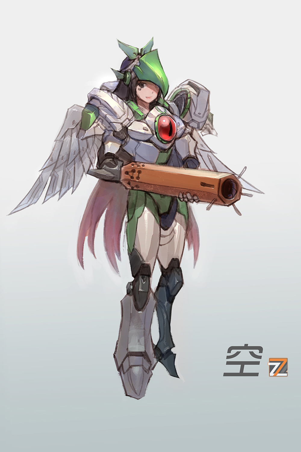 1girl arm_cannon blizzard_(company) crossover facial_mark facial_tattoo highres mechanical_wings overwatch pharah_(overwatch) pharah_(overwatch)_(cosplay) reiuji_utsuho tattoo touhou weapon wings zhengyifan7