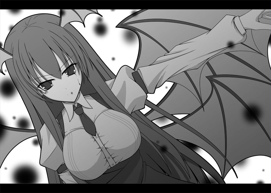 &gt;:o 1girl :o akino_masoho armband bat_wings breasts buttons collared_shirt commentary_request dutch_angle eyebrows eyebrows_visible_through_hair hair_between_eyes head_wings high-waist_skirt juliet_sleeves koakuma large_breasts long_hair long_sleeves looking_at_viewer monochrome multiple_wings necktie outstretched_arm puffy_sleeves shirt sidelocks solo taut_clothes taut_shirt touhou underbust very_long_hair wings