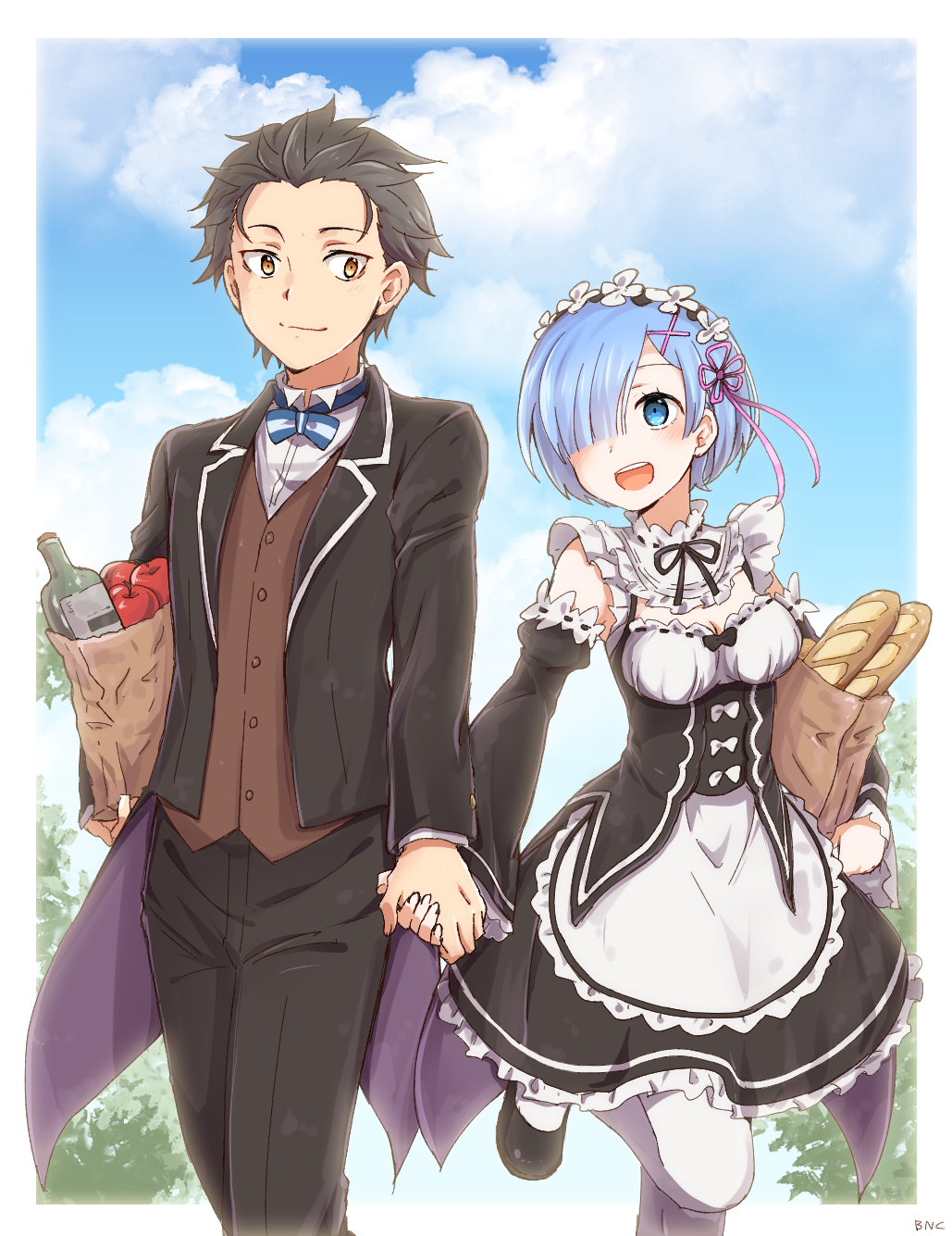 1boy 1girl :d apple apron artist_name bag baguette banchii black_hair blue_eyes blue_hair blush bottle bow bowtie bread breasts buttons cleavage clouds cloudy_sky costume detached_collar detached_sleeves dress food frilled_dress frills fruit hair_ornament hair_over_one_eye hand_holding happy highres holding holding_bag jacket long_sleeves looking_at_another maid maid_headdress mary_janes medium_breasts natsuki_subaru one_leg_raised open_mouth orange_eyes outdoors pants paper_bag re:zero_kara_hajimeru_isekai_seikatsu rem_(re:zero) ribbon-trimmed_clothes ribbon-trimmed_collar ribbon-trimmed_sleeves ribbon_trim shoes short_hair sky smile teeth underbust vest white_legwear x_hair_ornament