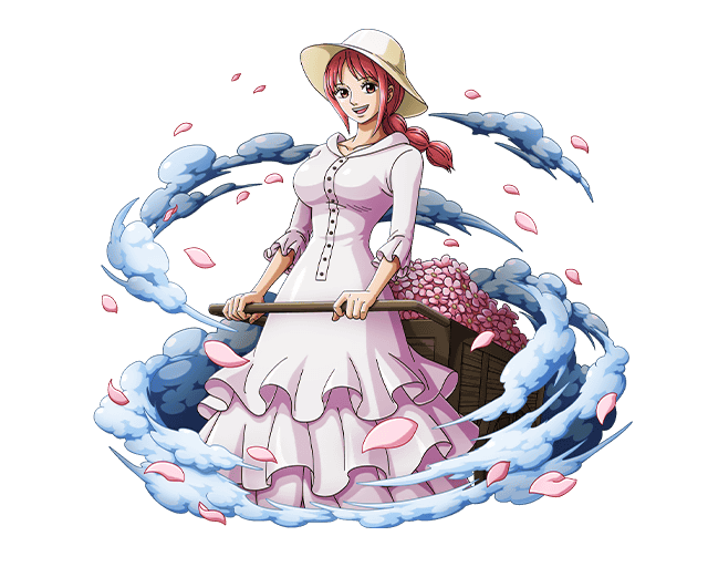 1girl bodskih braid dress flower hat long_hair official_art one_piece open_mouth orange_eyes petals pink_hair scarlett_(one_piece) solo teeth transparent_background