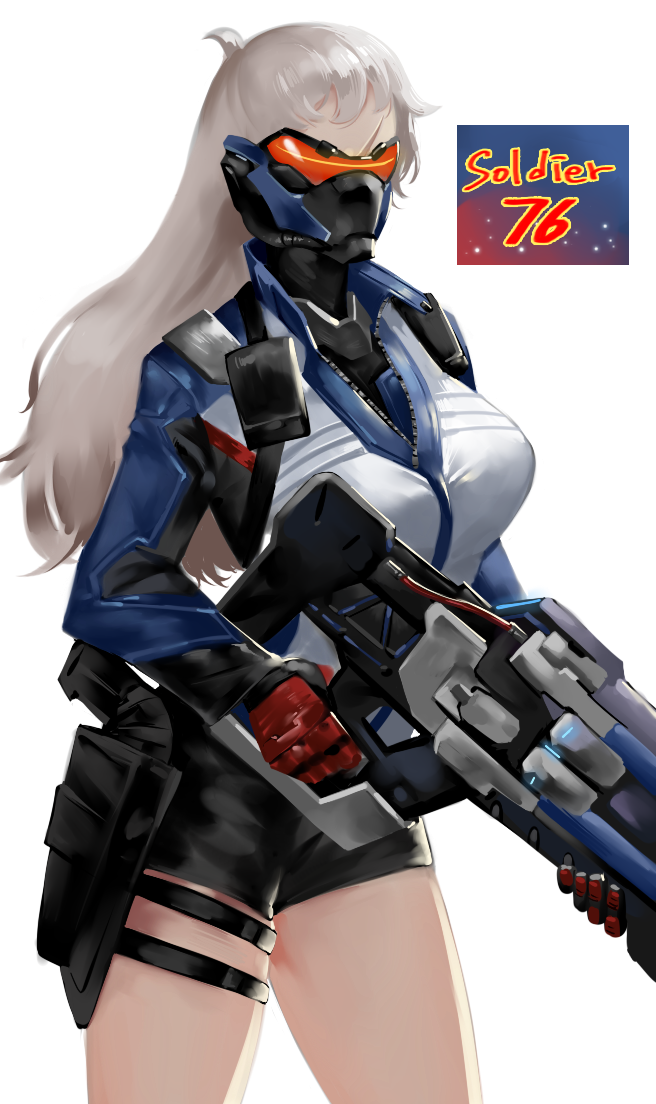 1girl a_(2341779) character_name face_mask genderswap genderswap_(mtf) gun holster jacket long_hair mask overwatch scar shorts soldier:_76_(overwatch) solo thigh_holster thigh_strap visor weapon white_hair