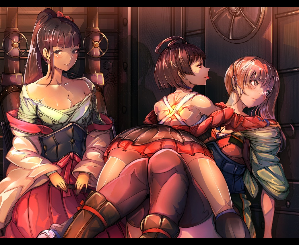 3girls bangs bare_shoulders black_legwear blunt_bangs blush breasts cleavage collarbone from_behind hakama_skirt hands_on_lap head_back kajika_(kabaneri) koutetsujou_no_kabaneri letterboxed long_sleeves looking_at_viewer looking_to_the_side masayoshi medium_breasts miniskirt multiple_girls mumei_(kabaneri) off_shoulder pleated_skirt ponytail red_skirt sarashi sidelocks sitting skirt spread_legs steampunk thigh-highs tongue tongue_out wide_sleeves yomogawa_ayame