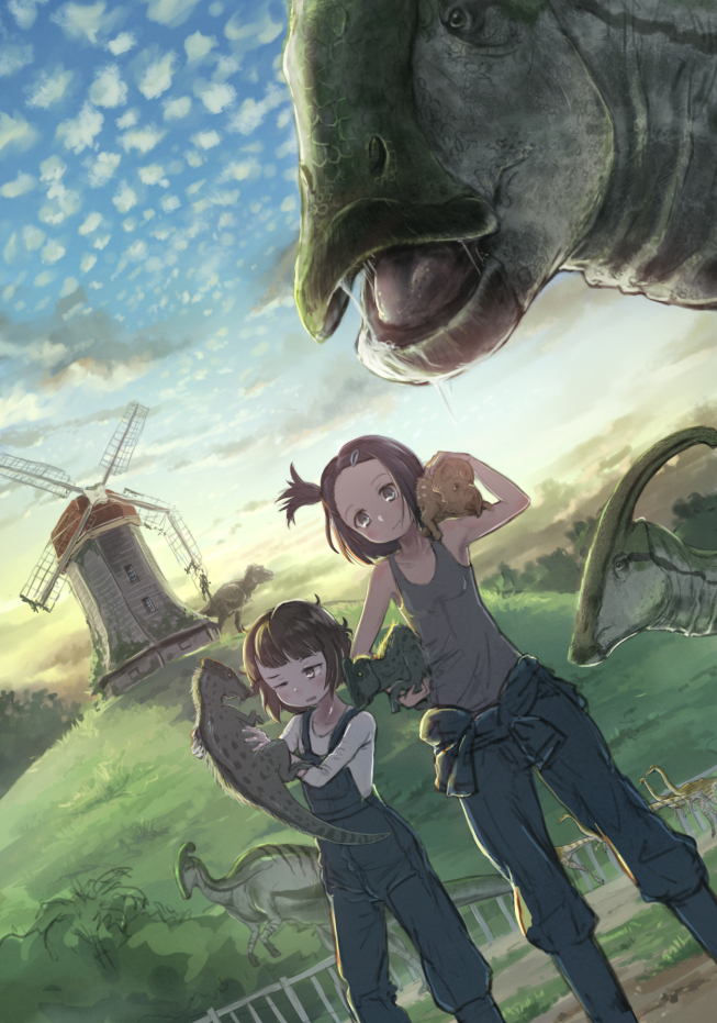 2girls backlighting black_eyes black_hair blush brown_eyes brown_hair carrying_over_shoulder carrying_under_arm child clouds dinosaur dutch_angle fence grass hair_ornament hairclip hill holding kamemaru multiple_girls one_eye_closed open_mouth original overalls overgrown parasaurolophus post-apocalypse protoceratops scenery science_fiction short_hair short_ponytail side_ponytail sky smile sunset tank_top tree tyrannosaurus_rex windmill