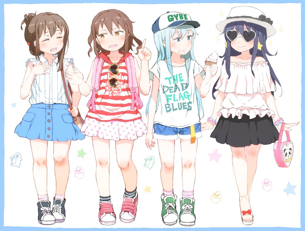 4girls akatsuki_(kantai_collection) alternate_costume backpack bag bangs baseball_cap black_hair blouse blue_eyes blue_hair bracelet brown_hair casual closed_eyes commentary_request denim denim_shorts earrings english failure_penguin fang folded_ponytail food food_on_face frilled_shirt frills glasses gomennasai hair_ornament hairclip hand_on_own_chest handbag hat heart-shaped_sunglasses heart_shape hibiki_(kantai_collection) holding holding_food ice_cream ice_cream_cone ikazuchi_(kantai_collection) inazuma_(kantai_collection) index_finger_raised jewelry kantai_collection long_hair miss_cloud multiple_girls open_mouth polka_dot_skirt sandals shirt shoes shorts sidelocks sketch skirt sleeveless sleeveless_shirt smile sneakers star sunglasses sunglasses_removed t-shirt text translation_request