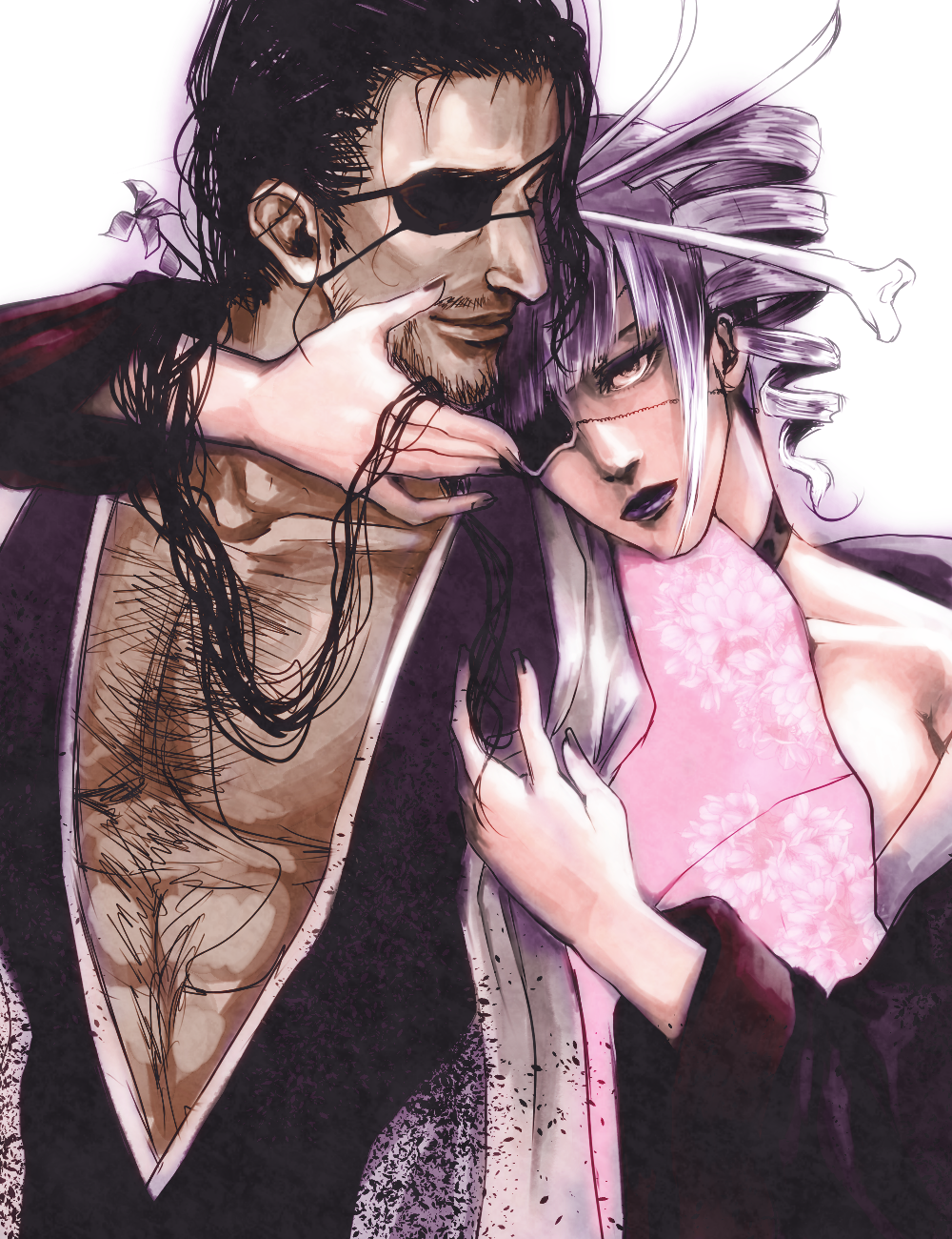 1boy 1girl abs beard black_hair bleach bone breasts choker collarbone drill_hair eyelashes eyepatch eyeshadow facial_hair floral_print flower haori japanese_clothes katen_kyoukotsu kimono kyouraku_shunsui la_la_la_la large_breasts lipstick long_hair looking_at_another looking_at_viewer muscle nail_polish off_shoulder personification ponytail purple_hair purple_lips purple_nails simple_background smile traditional_clothes twin_drills twintails white_background