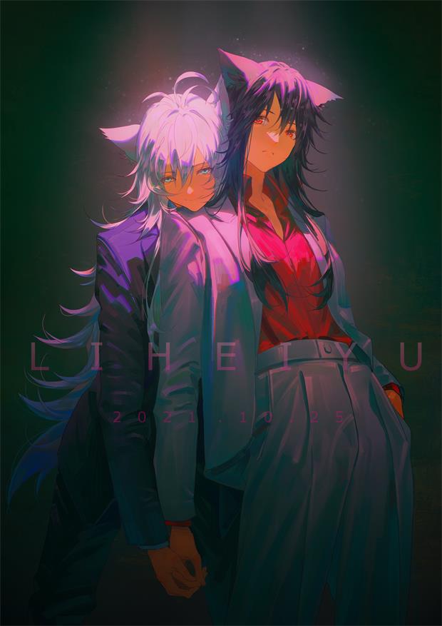 2girls anhei_dabai animal_ears arknights artist_name bangs black_background black_hair black_pants blue_eyes collared_shirt couple cowboy_shot dated dress_shirt flat_chest flipped_hair frown grey_jacket grey_pants hair_between_eyes hand_in_pocket head_on_another's_shoulder head_rest holding_hands jacket lappland_(arknights) leaning_back leaning_forward leaning_on_person long_hair long_sleeves looking_at_viewer looking_down multiple_girls pants purple_jacket red_eyes red_shirt shirt silver_hair smile tail texas_(arknights) wolf_ears wolf_tail yuri