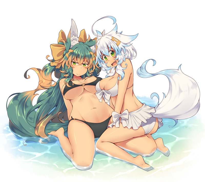 2girls animal_ears bikini breasts brown_hair cleavage fang green_eyes green_hair kuromiya kuromiya_raika large_breasts long_hair looking_at_viewer multicolored_hair multiple_girls navel o-ring_top open_mouth original shiromiya_asuka short_hair smile swimsuit tail two-tone_hair under_boob white_hair