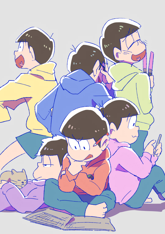 6+boys brown_hair cat cellphone chin_stroking glowstick grey_background hastune heart heart_in_mouth hood hoodie indian_style lying male_focus matsuno_choromatsu matsuno_ichimatsu matsuno_juushimatsu matsuno_karamatsu matsuno_osomatsu matsuno_todomatsu multiple_boys on_back osomatsu-kun osomatsu-san pencil pencil_behind_ear phone sextuplets shorts simple_background sitting sleeves_past_wrists smartphone tongue tongue_out