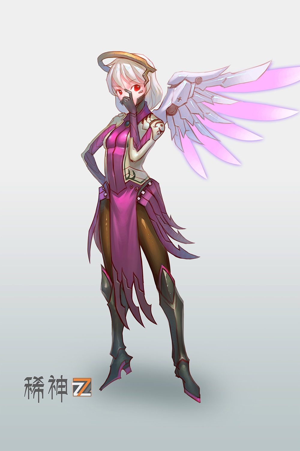 1girl blizzard_(company) bodysuit crossover gloves highres kishin_sagume mechanical_halo mechanical_wings mercy_(overwatch) mercy_(overwatch)_(cosplay) overwatch pantyhose pelvic_curtain red_eyes short_hair single_wing touhou white_hair wings zhengyifan7