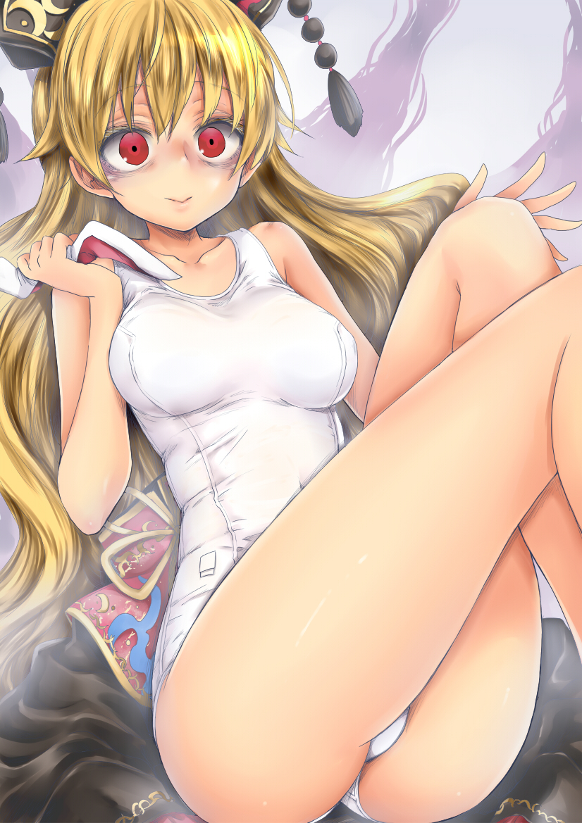 1girl animal_ears bags_under_eyes bare_legs black_dress blonde_hair breasts chikado chinese_clothes closed_mouth collarbone dress ear_grab hat junko_(touhou) legs legs_up long_hair looking_at_viewer medium_breasts one-piece_swimsuit out_of_frame rabbit_ears red_eyes reisen_udongein_inaba school_swimsuit solo swimsuit tabard tassel touhou very_long_hair white_school_swimsuit white_swimsuit