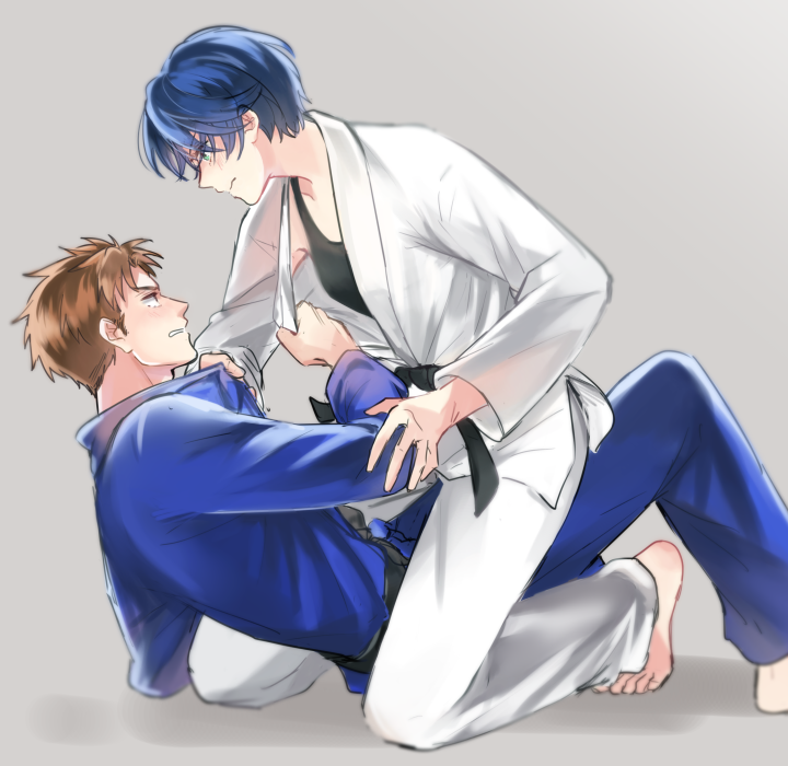 1boy 1girl blue_hair brown_hair flat_chest hori_masayuki kashima_yuu martial_arts short_hair warable