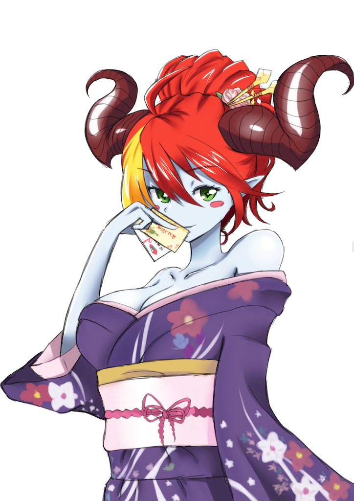 1girl alternate_costume alternate_hairstyle bare_shoulders blonde_hair blue_skin blush_stickers breasts card cleavage demon_girl green_eyes hair_ornament hair_up hera_(p&amp;d) horns japanese_clothes kazuki_(kazuki8837) kimono looking_at_viewer multicolored_hair off_shoulder pointy_ears puzzle_&amp;_dragons redhead solo