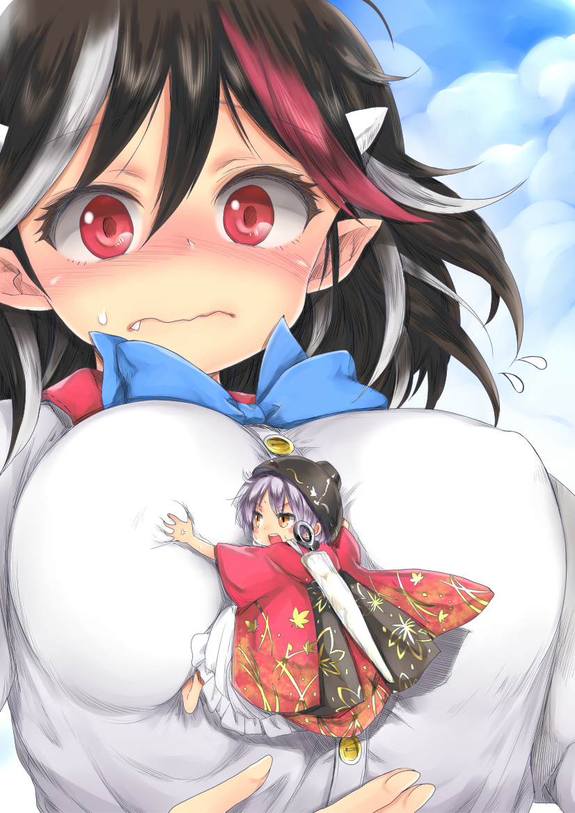 2girls anger_vein barefoot black_hair blue_sky blush bowl bowl_hat breast_grab breasts breath brown_eyes buttons chikado closed_mouth clouds cloudy_sky erect_nipples fang fang_out flying_sweatdrops grabbing hat horns japanese_clothes kijin_seija kimono large_breasts looking_at_viewer minigirl multicolored_hair multiple_girls needle nipple_tweak obi pointy_ears purple_hair red_eyes sash shirt short_hair size_difference sky streaked_hair sukuna_shinmyoumaru touhou upper_body white_hair white_shirt yuri
