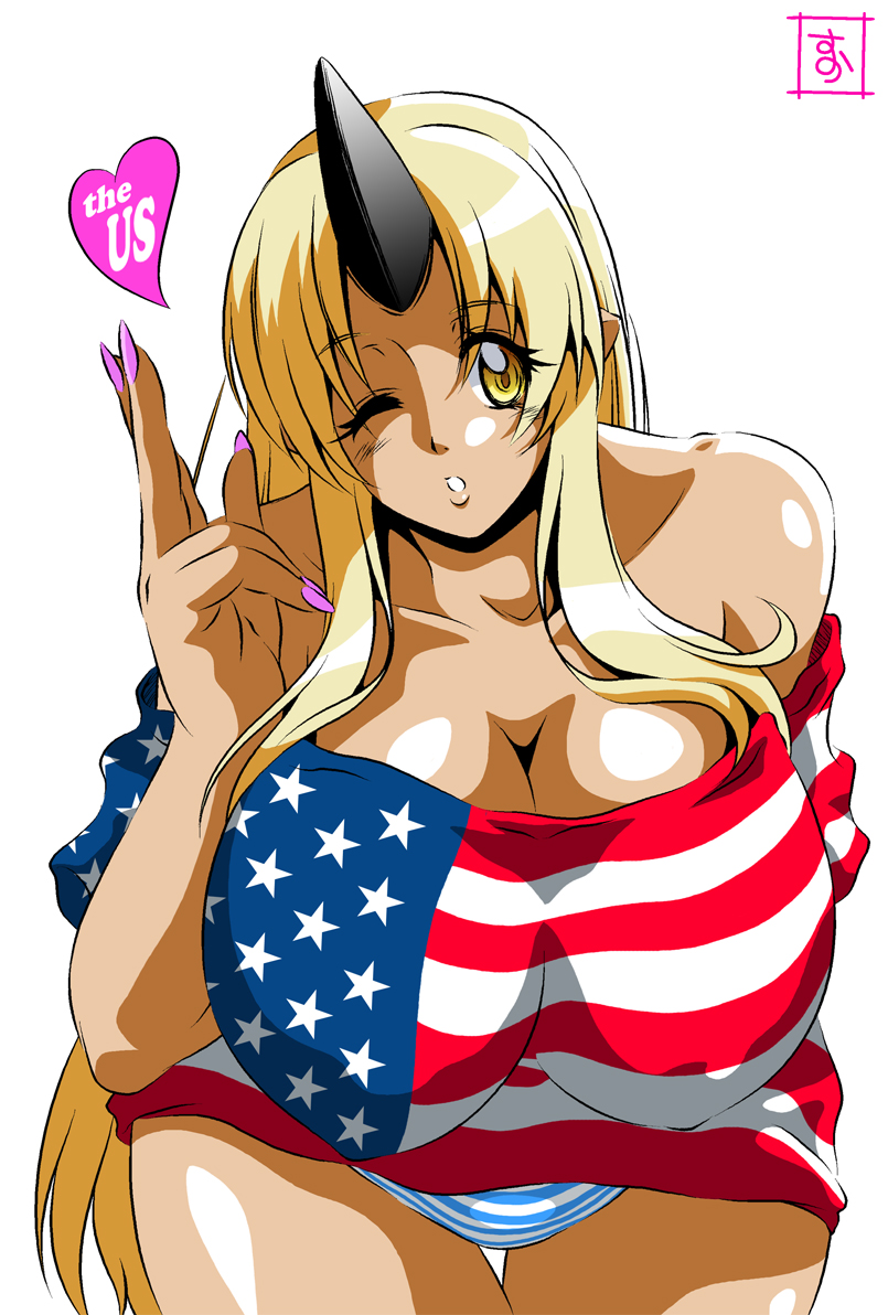 1girl american_flag_shirt bare_shoulders blonde_hair blown_kiss breasts collarbone cowboy_shot dark_skin eyebrows eyebrows_visible_through_hair eyes_visible_through_hair heart horn huge_breasts leaning_forward long_hair looking_at_viewer monster_girl monster_musume_no_iru_nichijou nail_polish ogre one_eye_closed panties pink_nails pointy_ears s-now shiny shiny_skin sidelocks signature simple_background solo striped striped_panties thigh_gap tionishia underwear very_long_hair white_background yellow_eyes