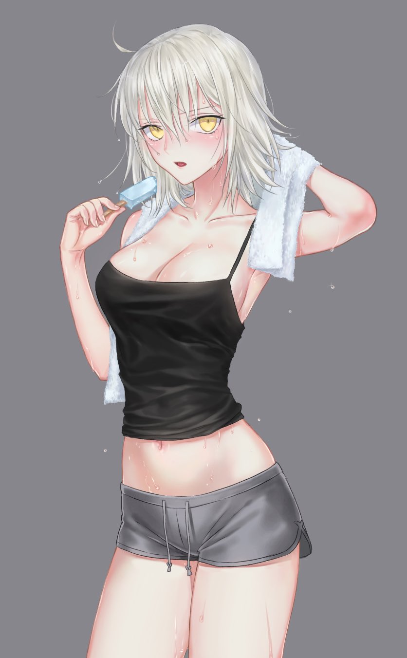 1girl blonde_hair blush breasts cleavage dark_persona dripping fate/grand_order fate_(series) grey_background highres jeanne_alter long_hair looking_at_viewer midriff navel nipi27 popsicle ruler_(fate/apocrypha) ruler_(fate/grand_order) shorts simple_background solo sweat sweating towel wiping_sweat yellow_eyes