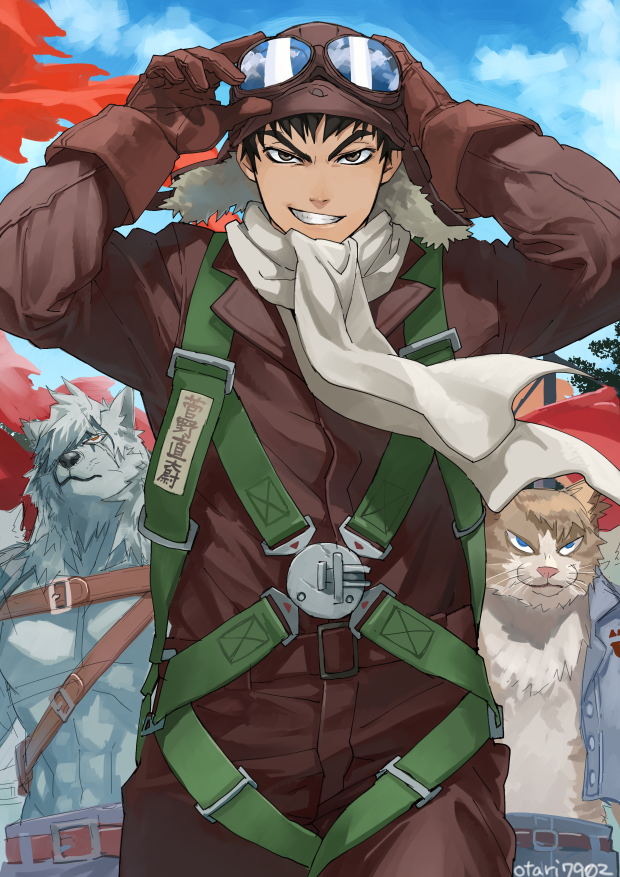 1boy adjusting_clothes adjusting_hat aviator_cap belt blue_eyes blue_sky brown_eyes brown_gloves brown_hair cat cowboy_shot drifters gloves goggles_on_hat grin hat indesign kanno_naoshi male_focus outdoors parachute red_eyes scarf sky smile white_scarf wolf