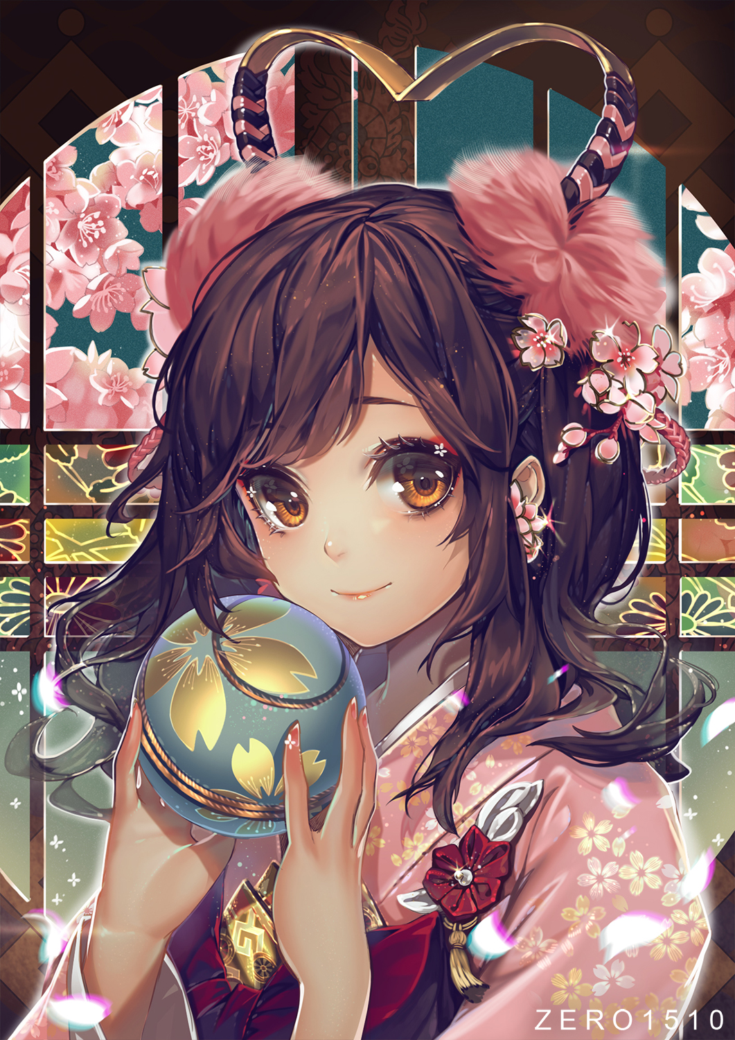 1girl artist_name ball blush brown_eyes brown_hair cherry_blossoms closed_mouth eyelashes eyeshadow floral_print flower glint hair_flower hair_ornament heart highres holding_ball indoors japanese_clothes kimono looking_at_viewer makeup original pink_lips red_ribbon ribbon sash smile solo tsurime window zero1510