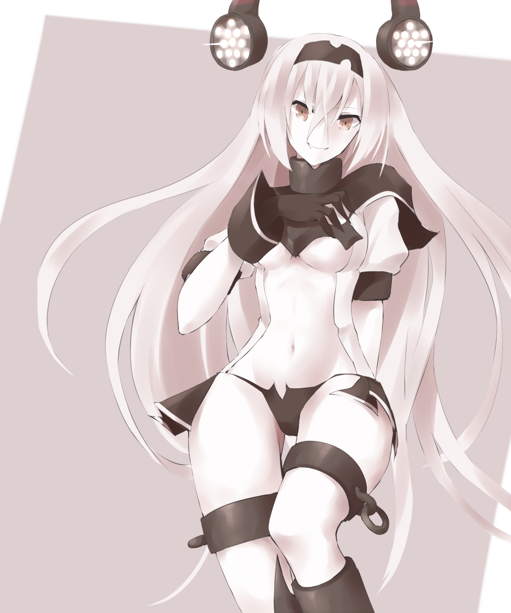 1girl air_defense_hime black_boots black_gloves boots breasts center_opening covered_navel female gloves hair_between_eyes hairband headgear highres horns kantai_collection long_hair looking_at_viewer medium_breasts monochrome puffy_short_sleeves puffy_sleeves shinkaisei-kan short_sleeves smile solo sutaa_dasuto-kun under_boob white_hair white_skin