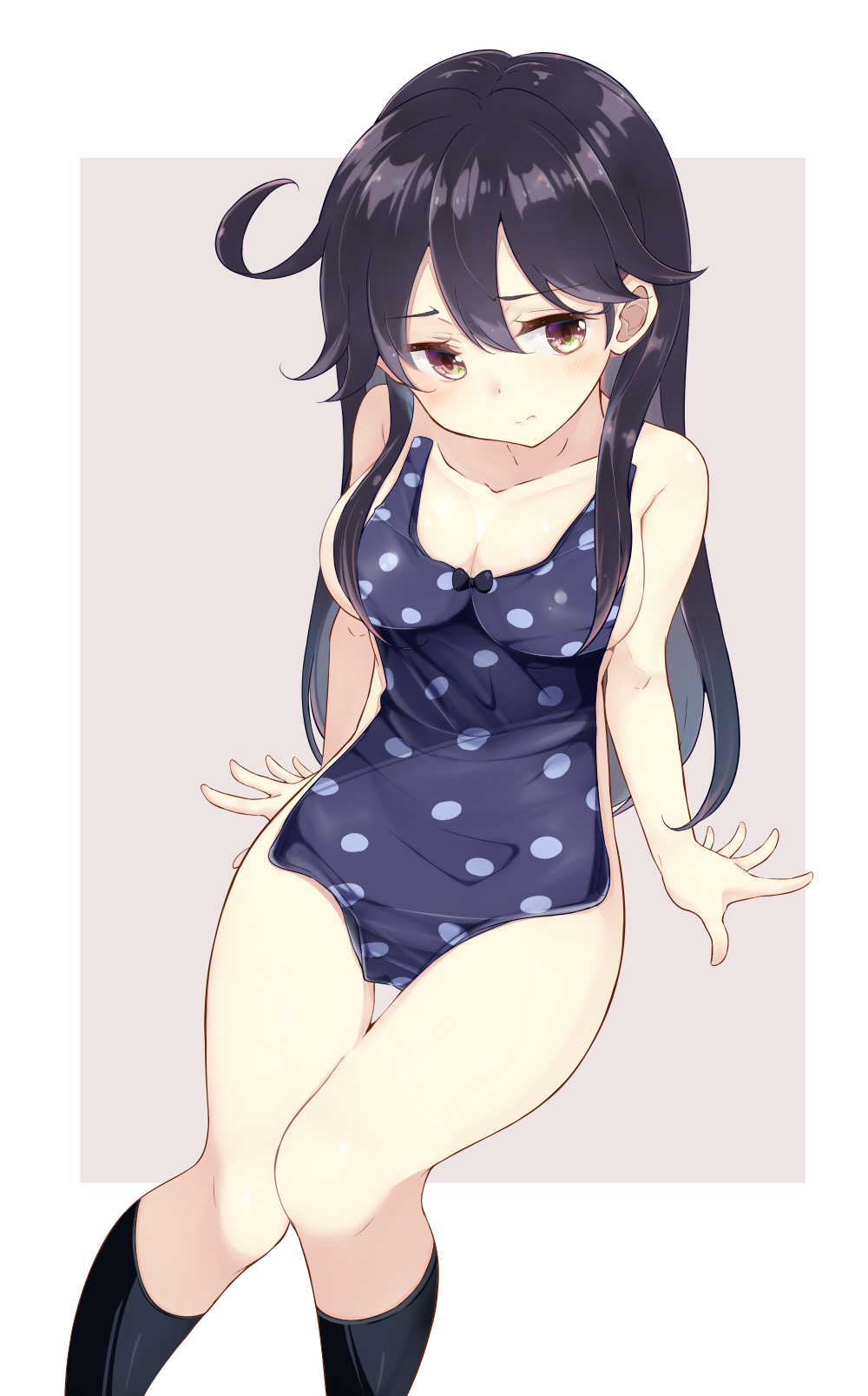 1girl ahoge bare_shoulders black_hair blue_swimsuit blush breasts cleavage clothes_in_front covering highres kantai_collection kengorou_saemon_ii_sei kneehighs knees_together_feet_apart large_breasts long_hair looking_at_viewer looking_away nude nude_cover one-piece_swimsuit polka_dot polka_dot_swimsuit pout sideboob sitting solo swimsuit swimsuit_removed ushio_(kantai_collection)