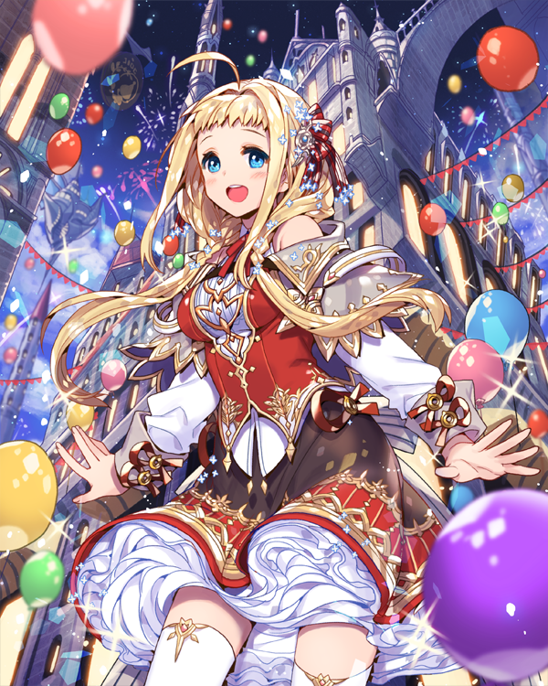 1girl :d ahoge balloon blonde_hair blue_eyes blush cowboy_shot dress empew fireworks floating_hair from_below hair_ornament long_hair night open_mouth outdoors smile solo standing tenkuu_no_crystalia thigh-highs very_long_hair white_legwear