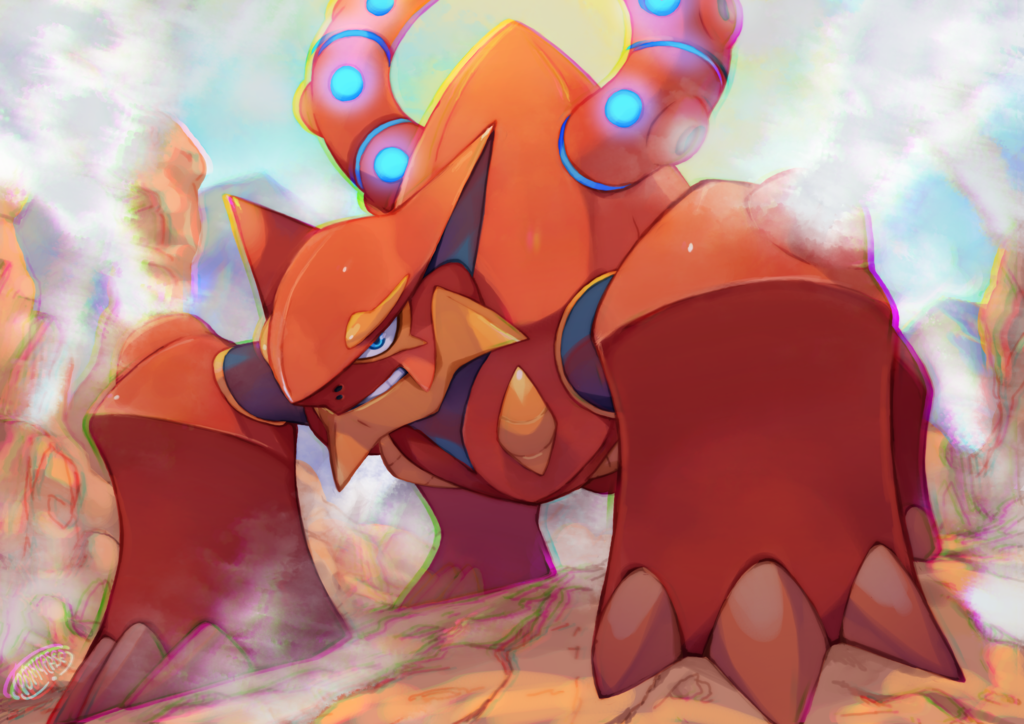 artist_name blue_eyes glowing no_humans pokemon pokemon_(creature) rock solo steam teeth tomycase volcanion