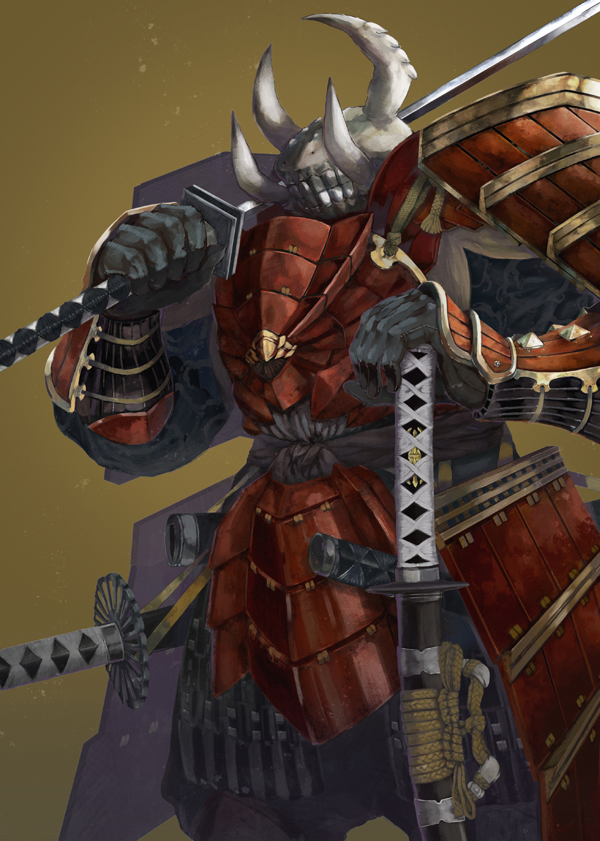 1boy armor artist_request brown_background horns japanese_armor katana monster multiple_swords overlord_(maruyama) samurai shoulder_armor solo sword teeth warrior_takemikazuchi weapon