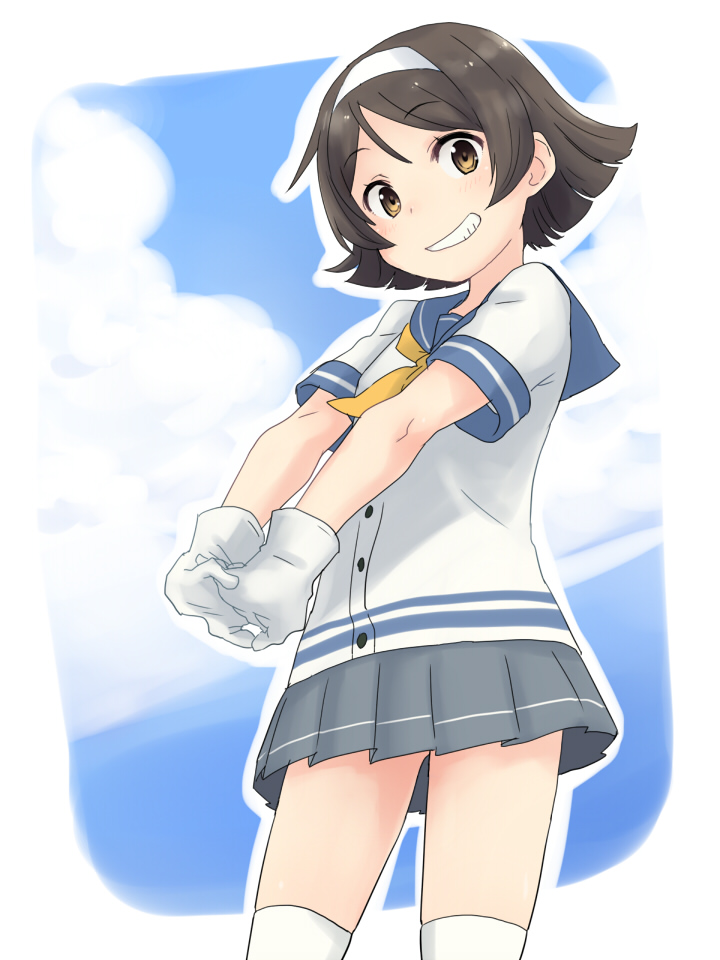 1girl @@@ blouse blue_sky brown_hair gloves hairband kantai_collection looking_at_viewer outside_border pleated_skirt school_uniform serafuku short_hair short_sleeves skirt sky smile solo stretch tanikaze_(kantai_collection) thigh-highs white_blouse white_gloves