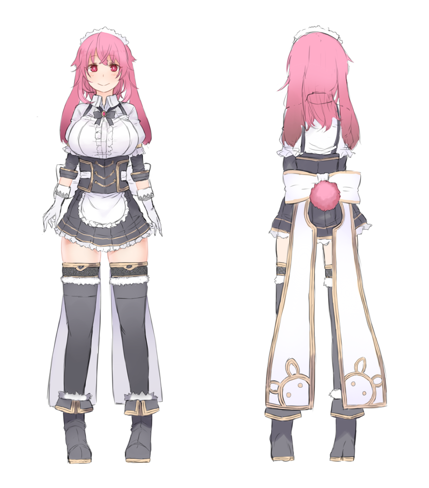 1girl blush borrowed_character breasts bunny_tail ganesagi long_hair looking_at_viewer momo_(shirogane_usagi) original pink_hair simple_background skirt smile solo tail thigh-highs turnaround white_background