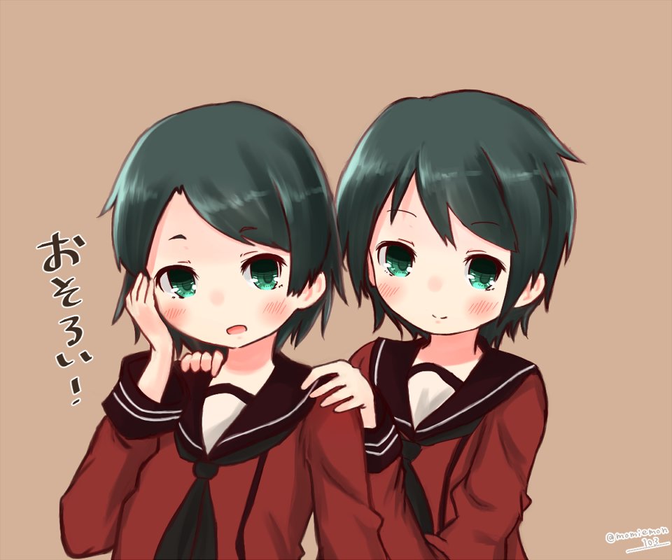 2girls alternate_hair_length alternate_hairstyle black_hair commentary_request green_eyes kantai_collection looking_at_viewer mikuma_(kantai_collection) mogami_(kantai_collection) momiji_(103) multiple_girls neckerchief school_uniform serafuku short_hair translation_request twitter_username