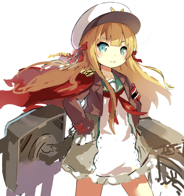 :t armband blonde_hair blue_eyes blush bow cannon deutschland_(zhan_jian_shao_nyu) dress flat_chest frilled_dress frills hair_bow hair_ribbon hand_in_pocket hat jacket lino-lin long_hair long_sleeves looking_at_viewer machinery military military_hat military_jacket military_uniform open_clothes open_jacket red_bow red_cape red_ribbon ribbon sailor_collar sailor_dress simple_background standing unfinished uniform white_background white_hat younger zhan_jian_shao_nyu