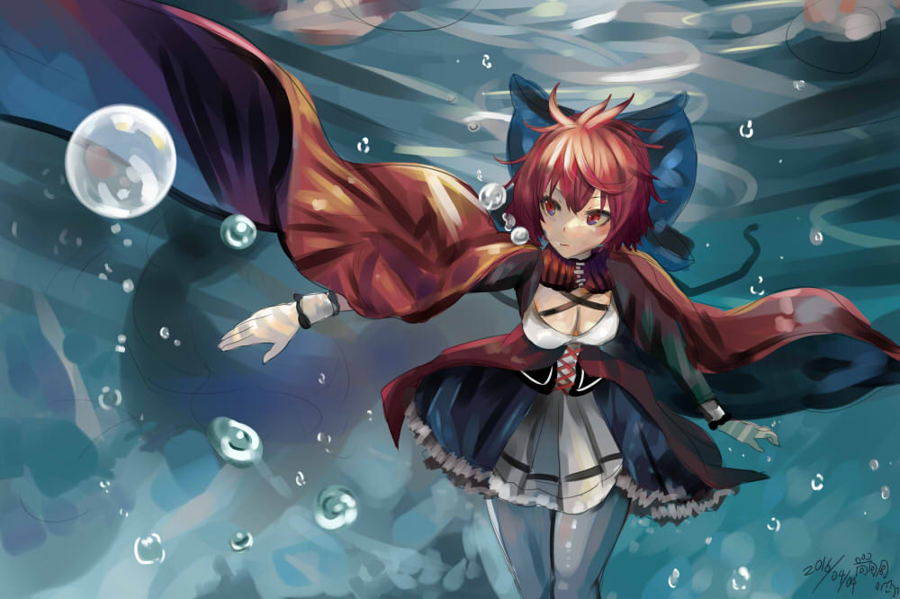 1girl adapted_costume blue_bow bow breasts bubble cleavage corset frilled_skirt frills grey_legwear hair_bow houdukixx looking_away medium_breasts pantyhose red_cape red_eyes redhead sekibanki short_hair skirt solo touhou underwater white_skin wrist_cuffs