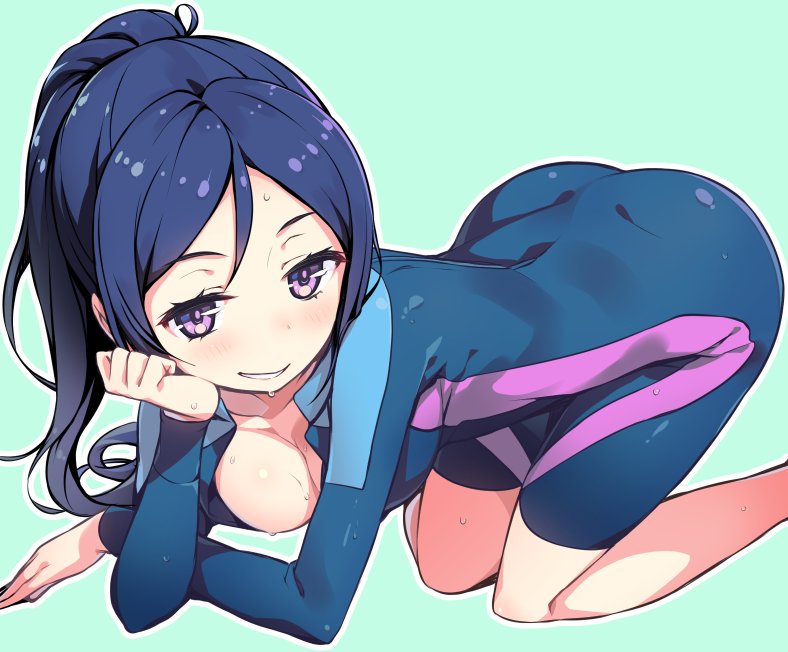 1girl all_fours ass bangs blue_background blue_hair bodysuit breasts chin_rest cleavage clenched_hand crossed_arms from_side green_background hanging_breasts high_ponytail knees_together_feet_apart long_hair long_ponytail looking_at_viewer love_live! love_live!_sunshine!! matsuura_kanan medium_breasts naughty_face outline parted_bangs ponytail simple_background single_vertical_stripe smile solo sweat sweatdrop swept_bangs u-ichi unitard violet_eyes wet wetsuit