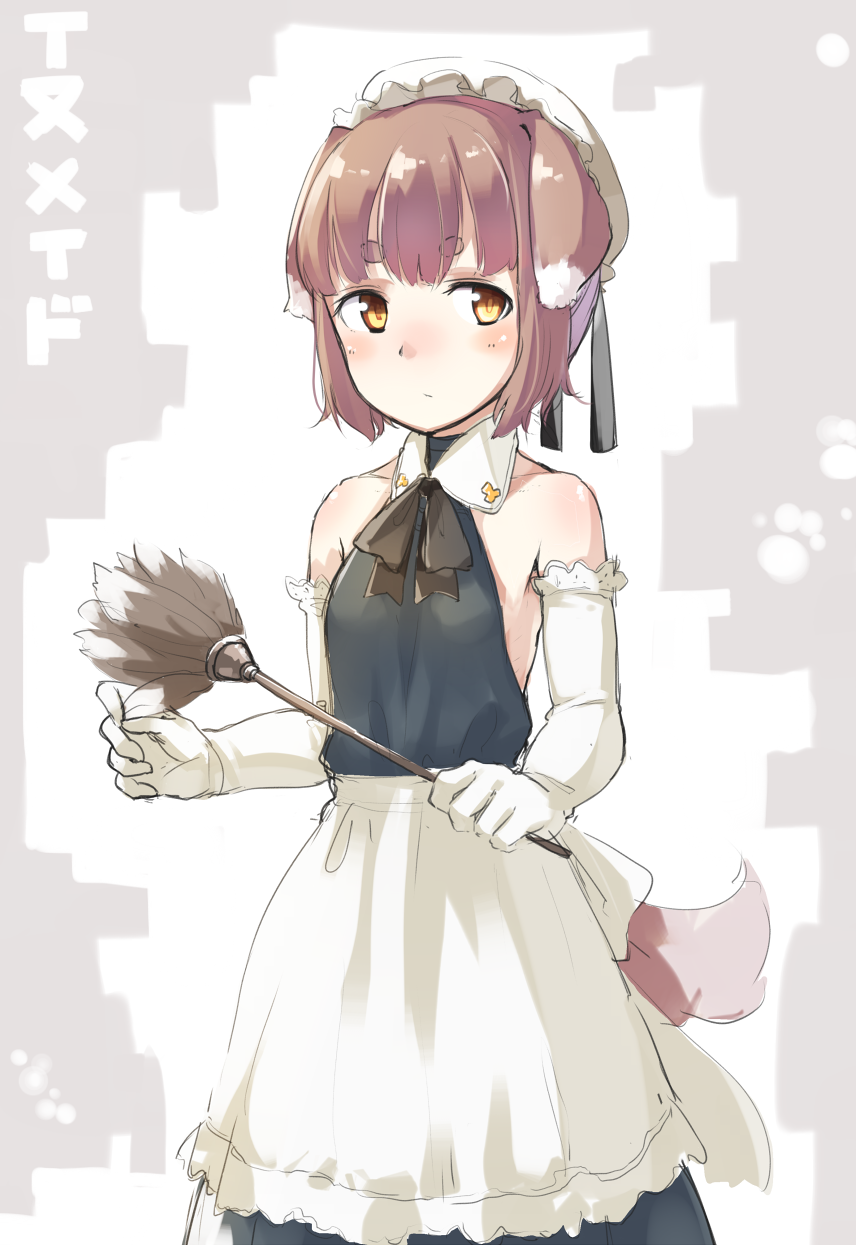 1girl :/ animal_ears apron bare_shoulders black_ribbon blush brown_eyes brown_hair closed_mouth detached_collar dog_ears dog_tail dress elbow_gloves eyebrows feather_duster gloves hat highres holding maid neck_ribbon nose_blush original ribbon short_hair sketch sleeveless sleeveless_dress solo tail thick_eyebrows u_(mikaduki0720) waist_apron white_gloves white_hat