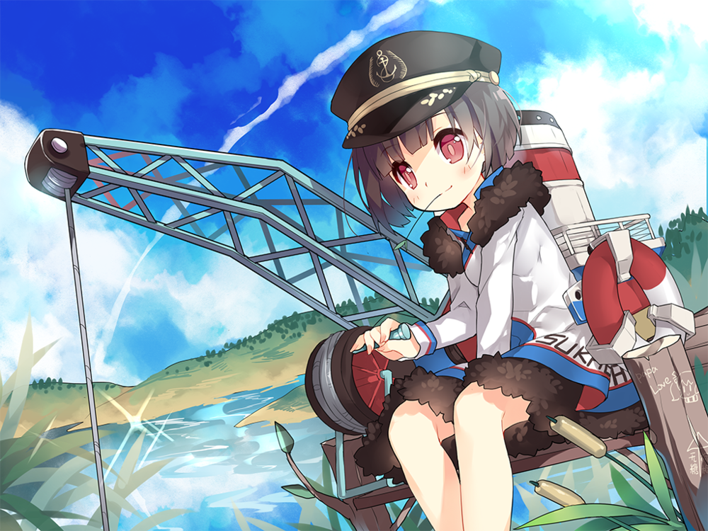 1girl anchor_symbol blue_sky blush bob_cut brown_hair brown_hat cattail character_name closed_mouth clouds cloudy_sky coat cowboy_shot crane dutch_angle eyebrows eyebrows_visible_through_hair fur_trim glowworm_(zhan_jian_shao_nyu) hat hill lens_flare lifebuoy long_sleeves machinery official_art outdoors peaked_cap pier plant red_eyes rope saru short_hair sitting sky smile smokestack solo stalk_in_mouth straw_(stalk) sukhbaatar_(zhan_jian_shao_nyu) water white_coat zhan_jian_shao_nyu