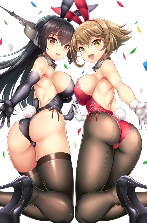 2girls animal_ears ass bare_shoulders black_hair breasts brown_eyes brown_hair bunny_girl bunny_tail bunnysuit commentary_request elbow_gloves gloves headgear high_heels kantai_collection kase_daiki large_breasts long_hair multiple_girls mutsu_(kantai_collection) nagato_(kantai_collection) rabbit_ears short_hair stiletto_heels tail white_gloves