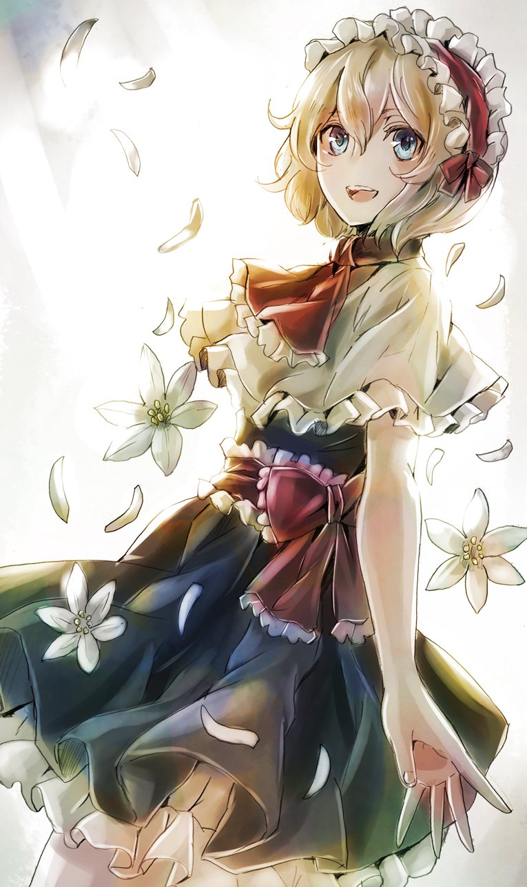 1girl air alice_margatroid ascot backlighting blonde_hair blue_dress capelet dress flower hairband highres jan_(artist) jan_(lightdragoon) light_rays lily_(flower) looking_up open_mouth petals short_hair short_sleeves smile solo teeth tongue touhou