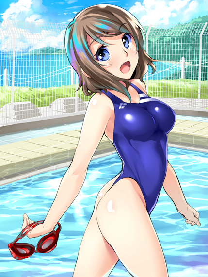 1girl ass blue_eyes brown_hair chikugen_shiina competition_swimsuit fence goggles goggles_removed love_live! love_live!_sunshine!! one-piece_swimsuit one-piece_thong pool short_hair swimsuit watanabe_you