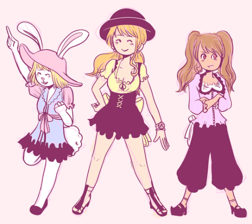 3girls artist_request carrot_(one_piece) charlotte_pudding charlotte_purin crossed_arms furry hat multiple_girls nami_(one_piece) one_piece rabbit_ears smile source_request standing